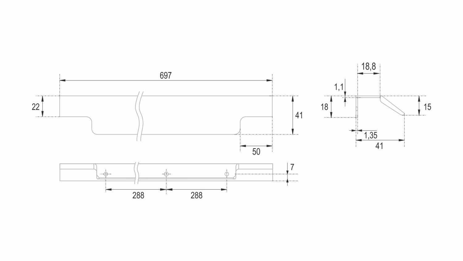 Ручка мебельная торцевая RT115GR.1/576/700 (30) П/ЗАКАЗ
