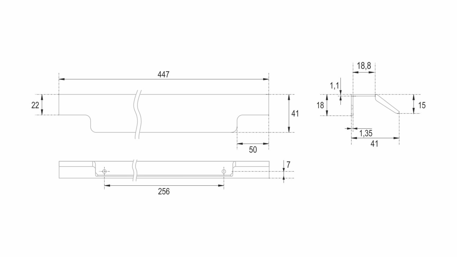 Ручка мебельная торцевая RT115GR.1/256/450 (30) П/ЗАКАЗ