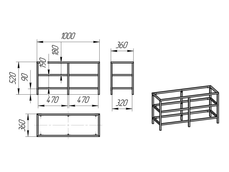 Тумба под ТВ Loft 1000х520х360 (каркас) черный